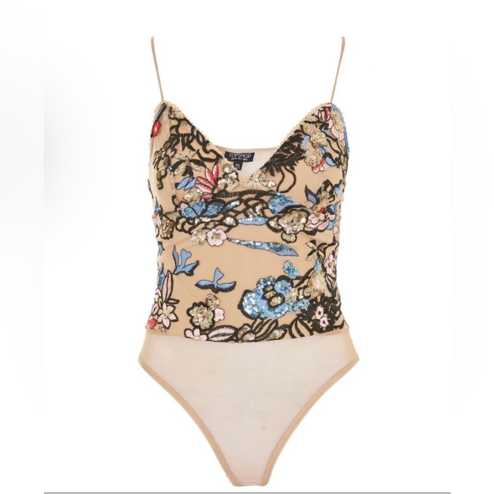 NEW Topshop Stunning Sequin Embroidered V-neck Top Mesh Bodysuit Size 6